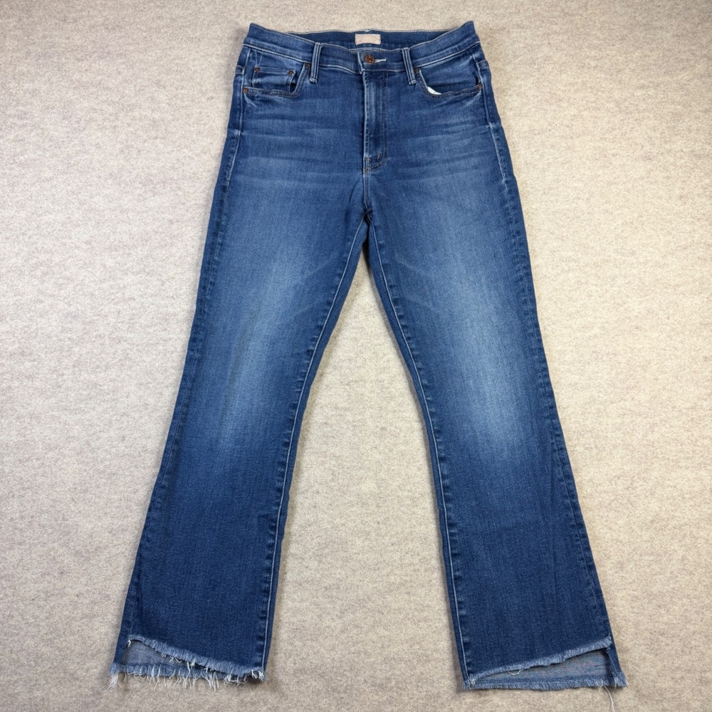 Mother The Insider Crop Step Fray Jeans Blue Flare Size 27